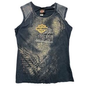 Harley‎ Davidson Sleeveless Tank Top Motorcycle Womens L Sauk City WI Graphic